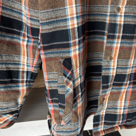 Plaid Button DownJacket Hoodie Sherpa Lining - Brown/Blue/Orange - Picture 6 of 8